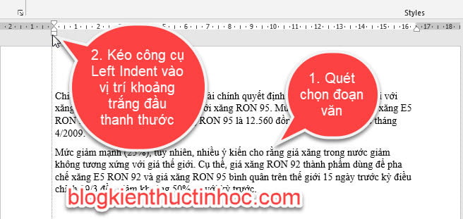 Các công cụ trên thanh thước trong word