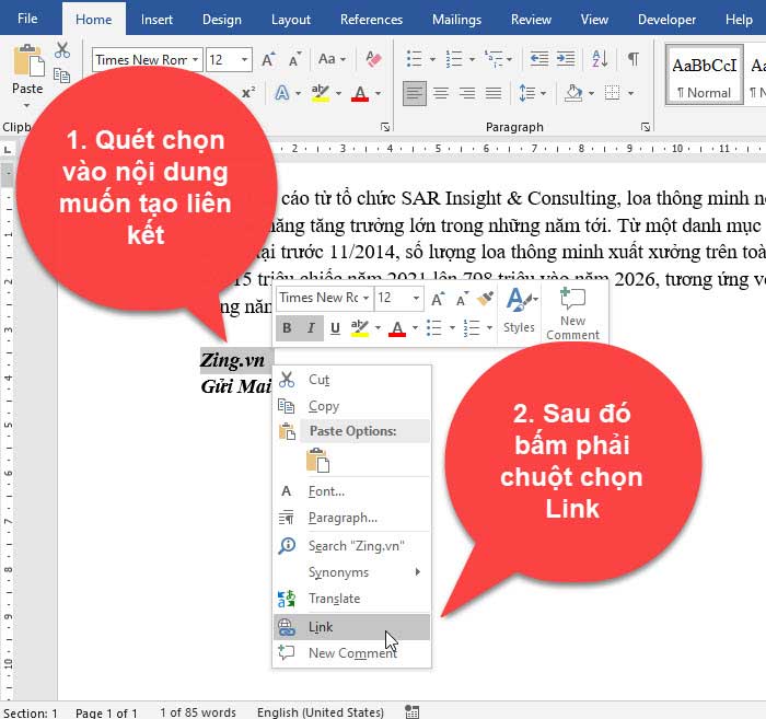 Cách chèn liên kết trong word