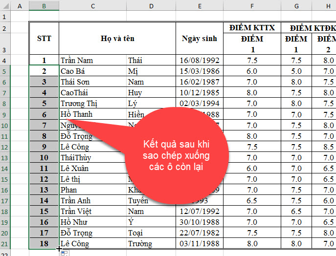 đánh số thứ tư tự động trong excel