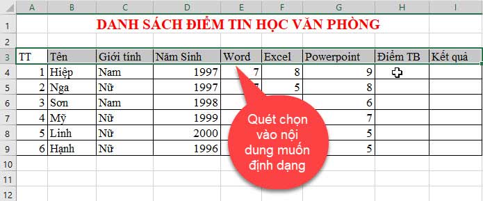 cách định dạng bảng tính excel