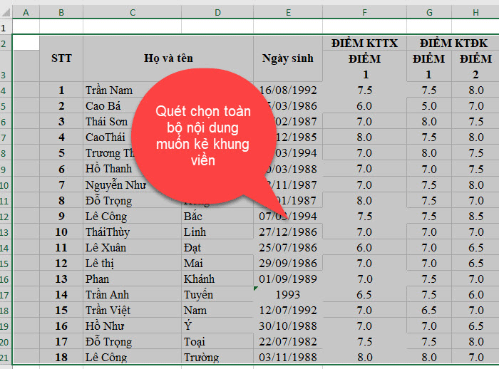 Quét chọn trong excel