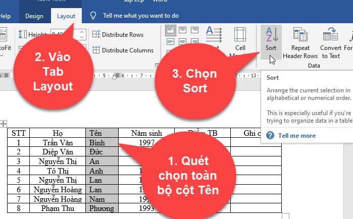 cách sắp xếp họ tên trong word