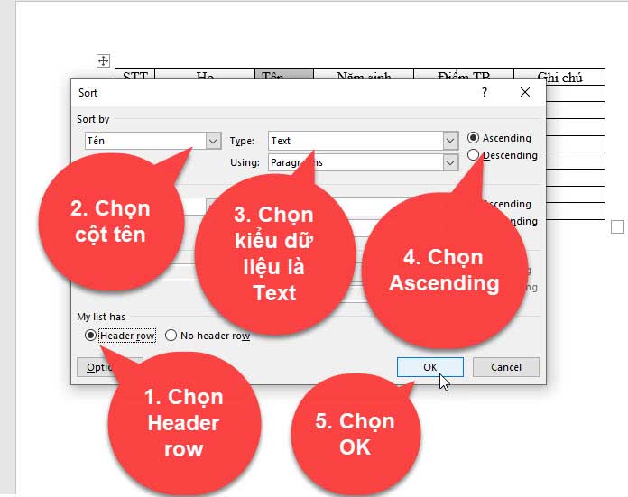 cách sắp xếp họ tên trong word