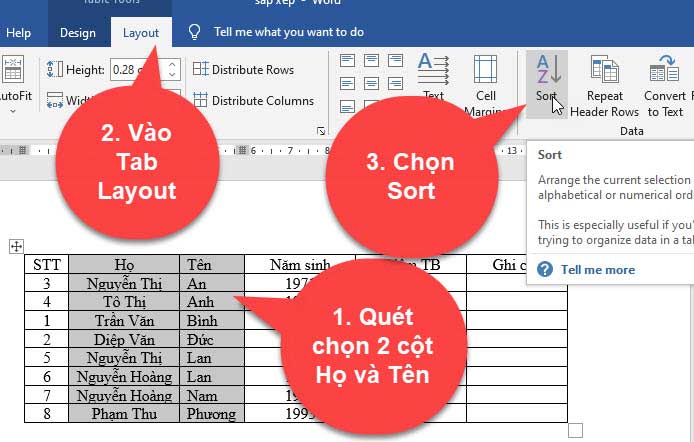 cách sắp xếp họ tên trong word