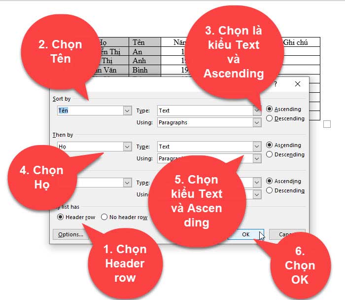 cách sắp xếp họ tên trong word