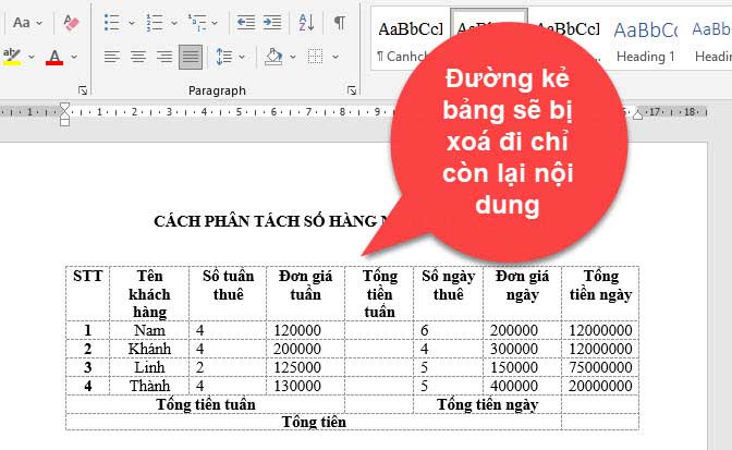 Cách xoá đường kẻ bảng trong word