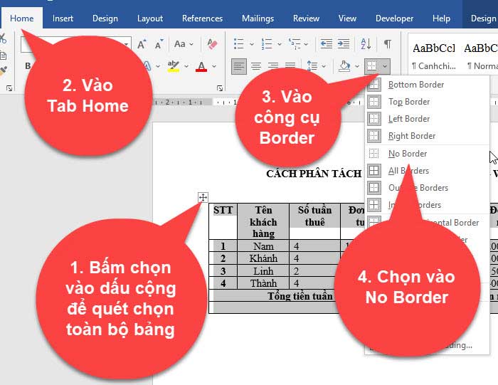 Cách xoá đường kẻ bảng trong word