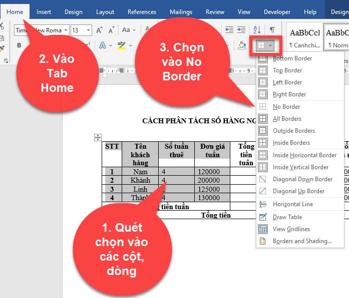 Cách xoá đường viền bảng trong word