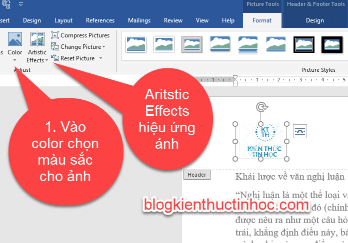 chèn hiệu ưng, màu sắc trong Header và Footer