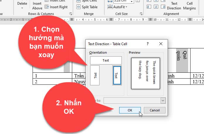 Chọn hướng xoay chữ trong word