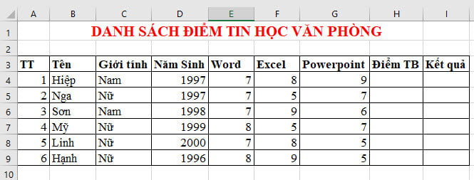 nhập dữ liệu trong Excel