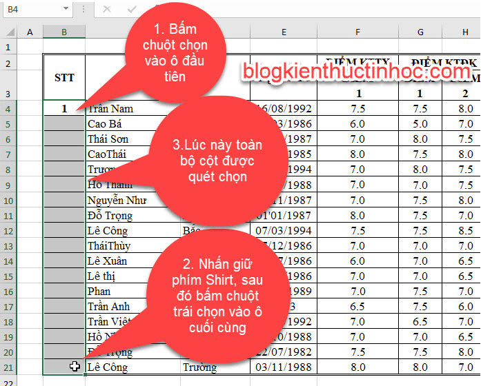 Quét chọn cột trong excel