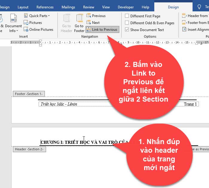 tạo header và footer khác nhau trong word