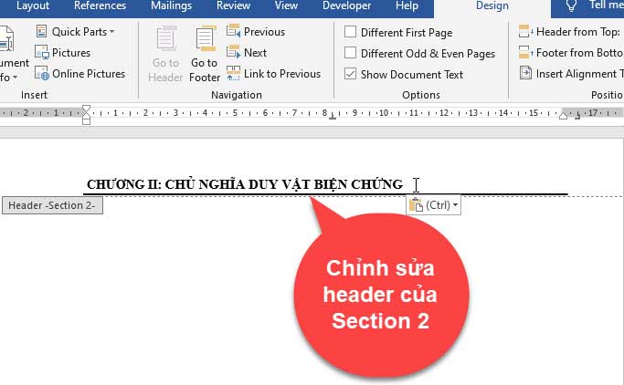 tạo header và footer khác nhau trong word