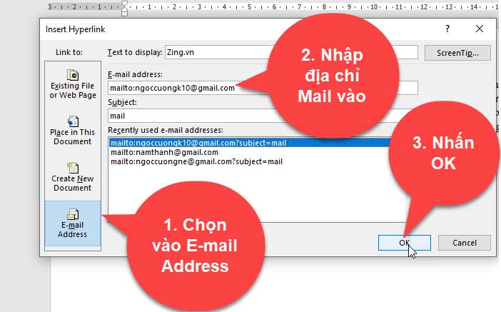 tạo liên kết mail trong word