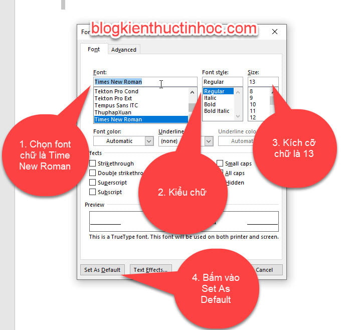 Thiết lập font chữ và cỡ chữ mặc định