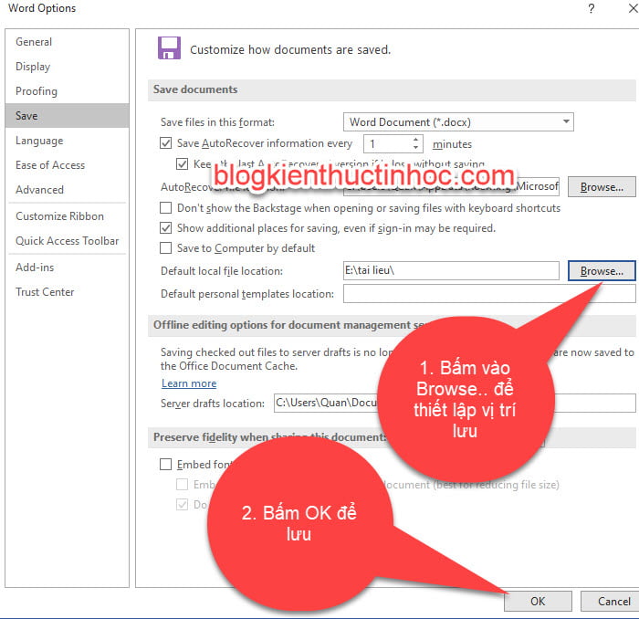 Cách thiết lập vị trí lưu file trong word