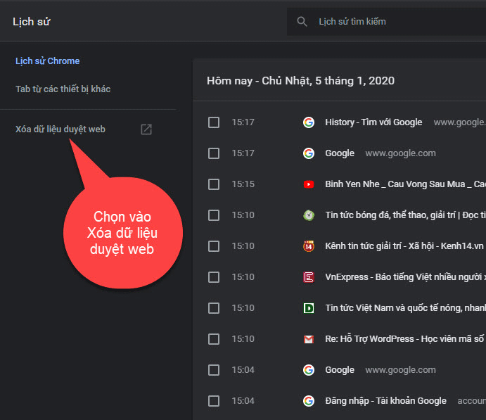 Chọn xóa lịch sử duyệt web