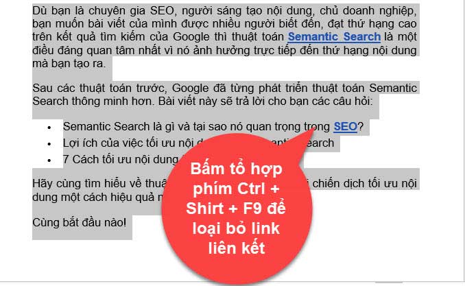 xoá liên kết bằng phím